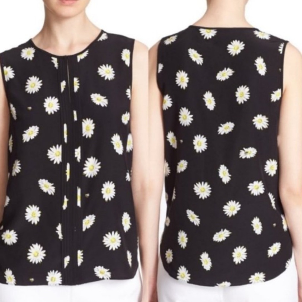 KATE SPADE Daisy Dot Silk Viscose Sleeveless Blouse Pleated Black Sz Medium
